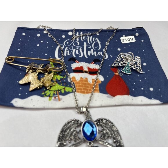 Angel-Themed Christmas Jewelry Gift Set: Blue Gem Necklace Angel Pin & Brooch Fe - Picture 6 of 6